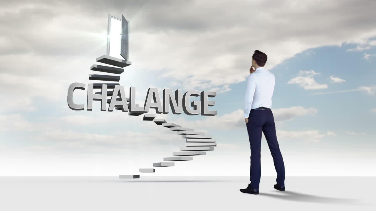 사업가 가 구름 인 하늘 에 떠다니는 단어 를 가지고 계단 을 바라보고 있다