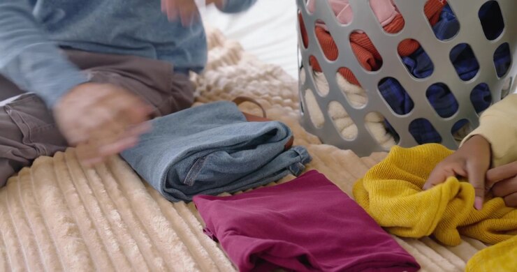 African American couple reaching into gray basket on bed, folding jeans and tops