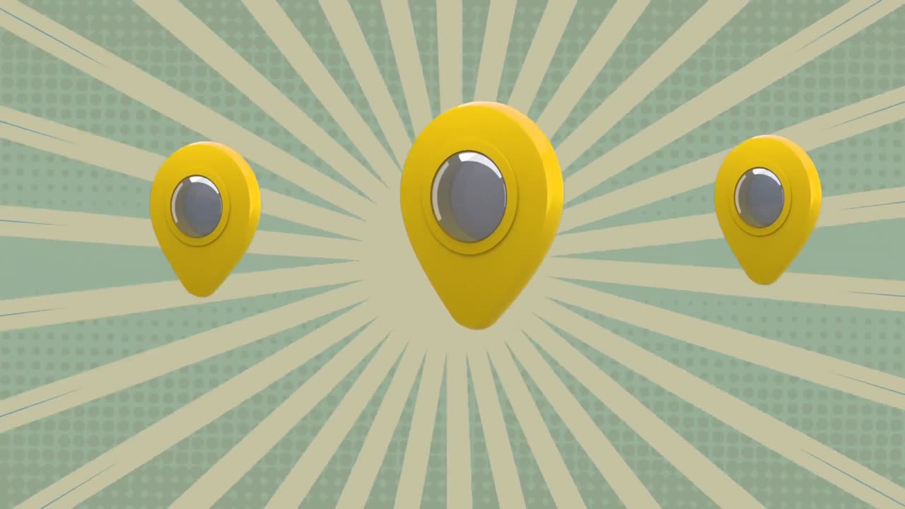 animación de tres iconos de pin de ubicación amarillos sobre el fondo de patrón de rayas