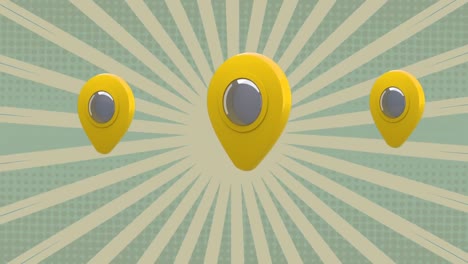 Animation-Von-Drei-Gelben-Standort-Pin-Symbolen-über-Einem-Hintergrund-Mit-Streifenmuster