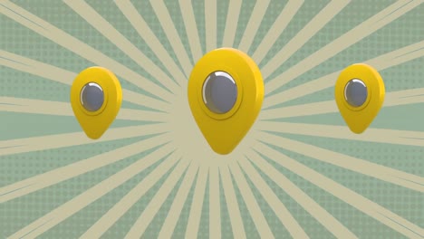 animation of three yellow location pin icons over stripes pattern background