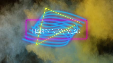 animation of happy new year neon text over shapes and smoke trails
