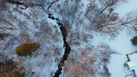 top view, winter landscape of the river with a forest among snow in countryside