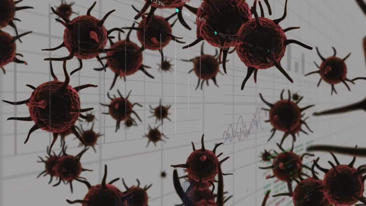 animación de la propagación de la célula marrón del coronavirus con gráficos en fondo blanco