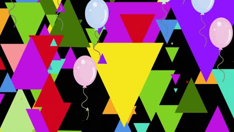 Animation-Von-Dreiecken-Und-Luftballons-Auf-Schwarzem-Hintergrund