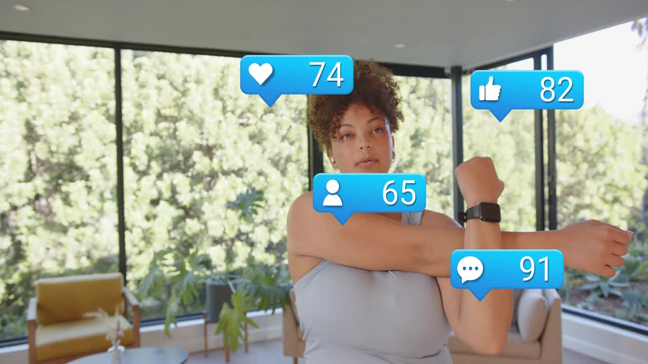 Creator adjusting earbuds doing neck-arm stretch as preparing to stream blue counters rising above