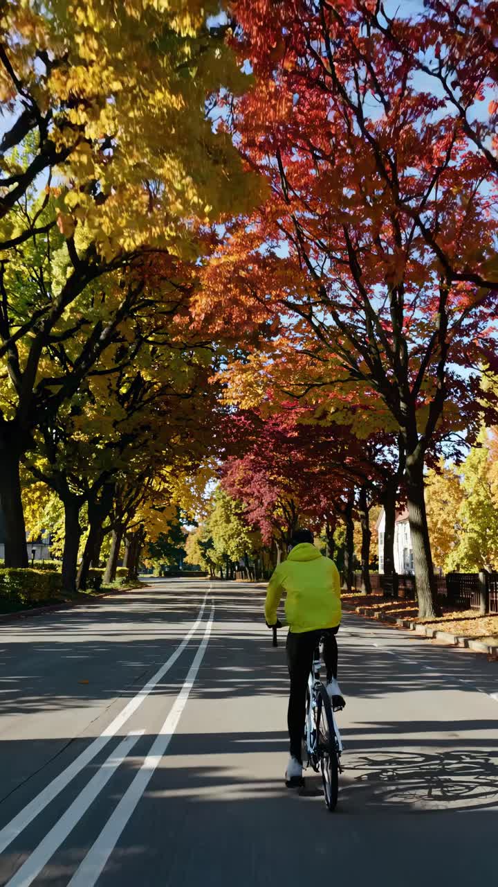 A video captures a cyclist in a yellow jacket riding through a tree-lined street with vibrant autumn
