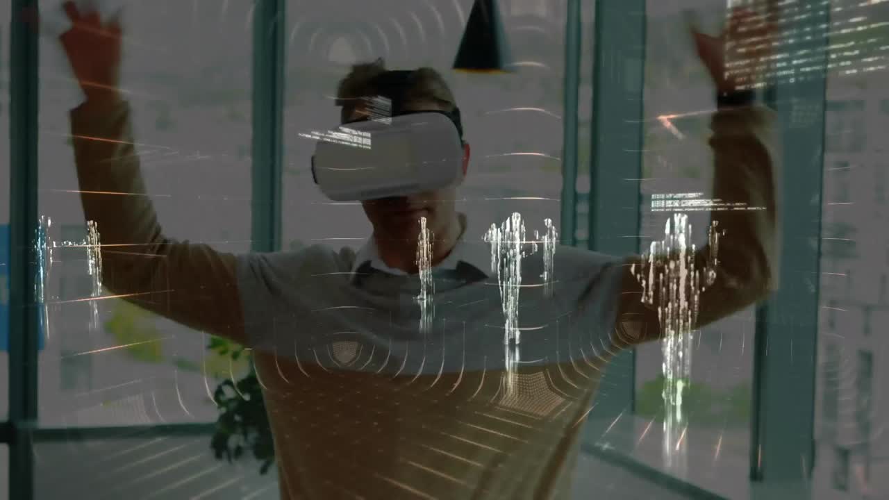 Animation of financial data processing over businessman using vr headset
