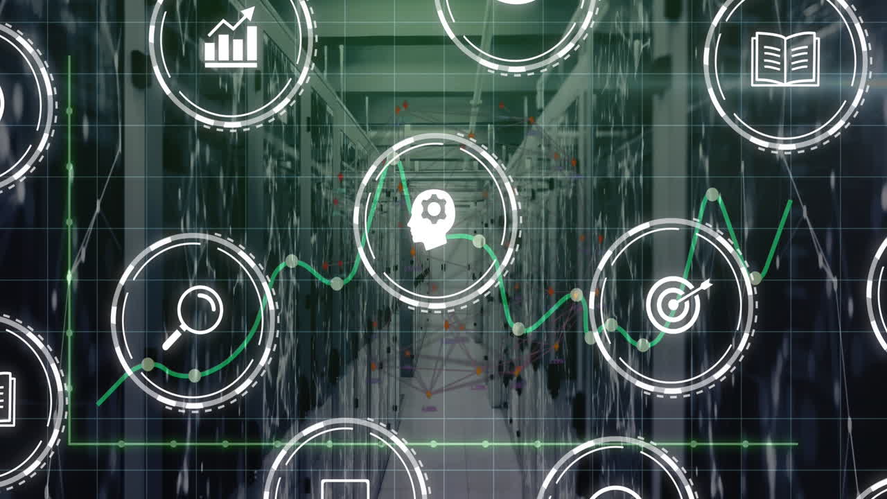 Animation af ikoner og finansiel databehandling over et gitter og computerservere