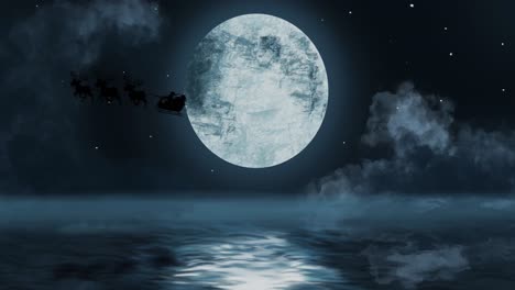 Silhouette-of-Santa-Claus-in-sleigh-being-pulled-by-reindeers-against-moon