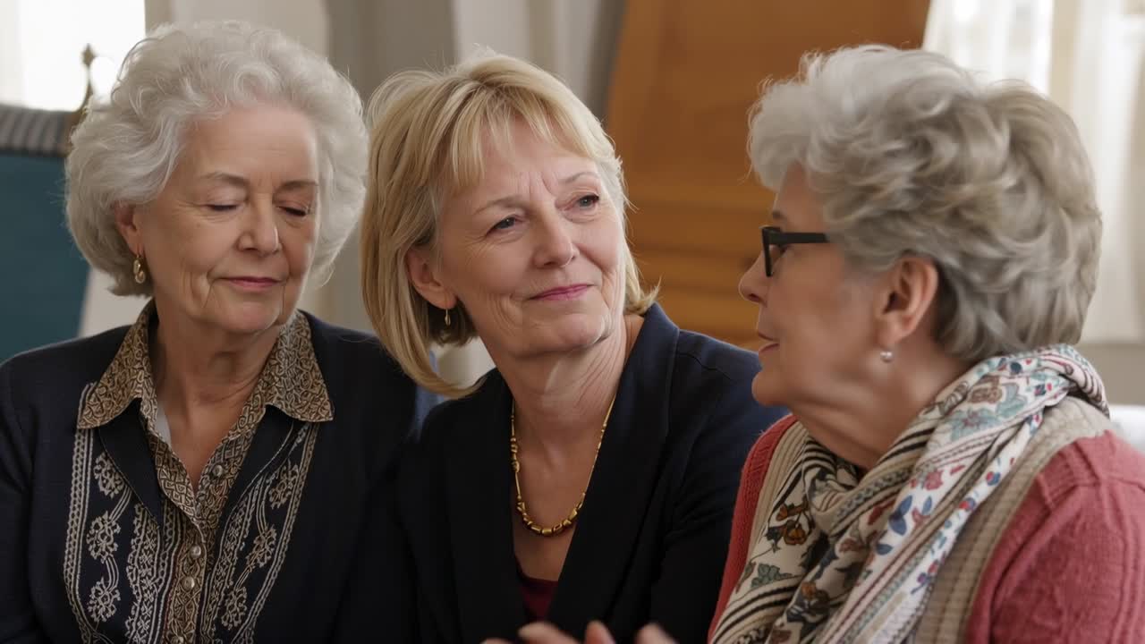 3 senior women on sofa rightmost starting catch-up chat while health icons floating around gestures