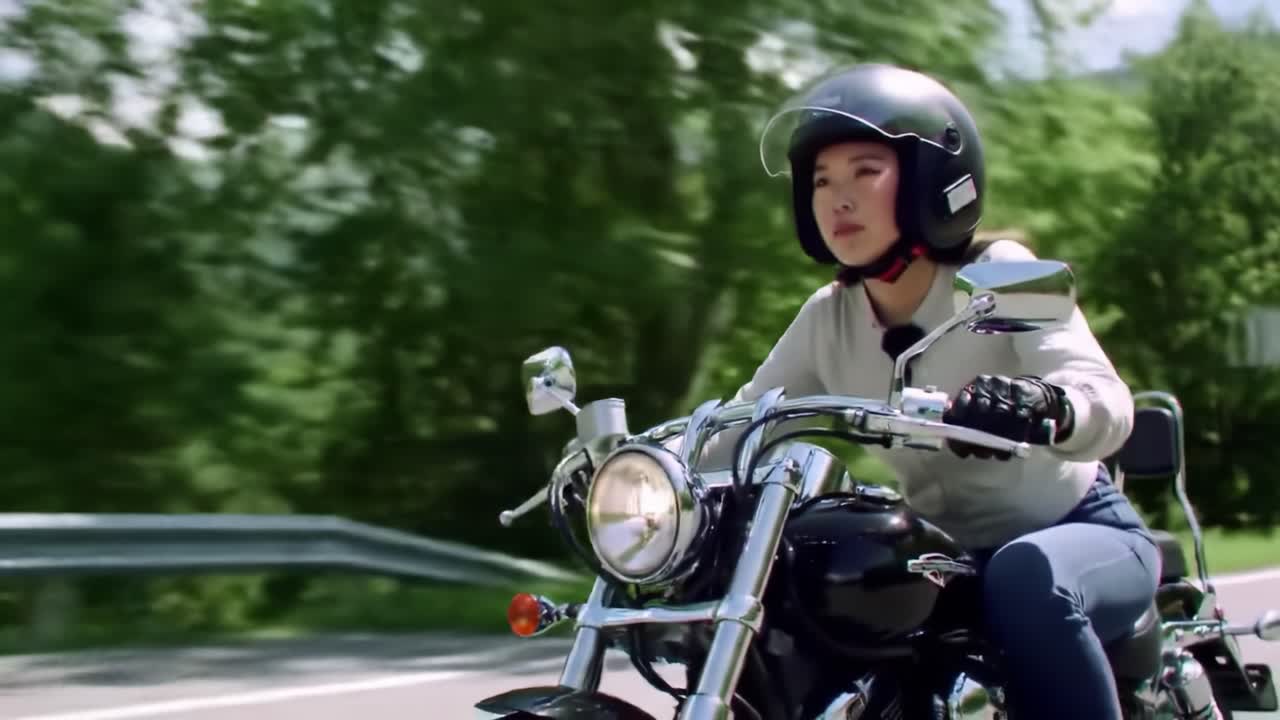 A Confident Motorcycle Rider Navigates Scenic Roads: Capturing the Thrill of Freedom and Adventure on Two Wheels Through Beautiful Landscapes