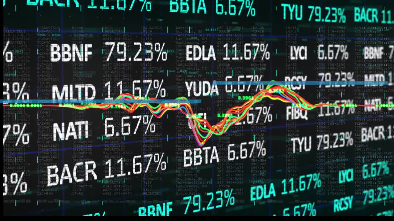 Animazione dell'elaborazione di dati finanziari su sfondo nero