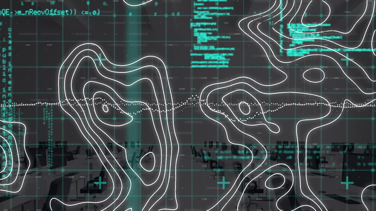 Animation of data processing and shapes moving over office