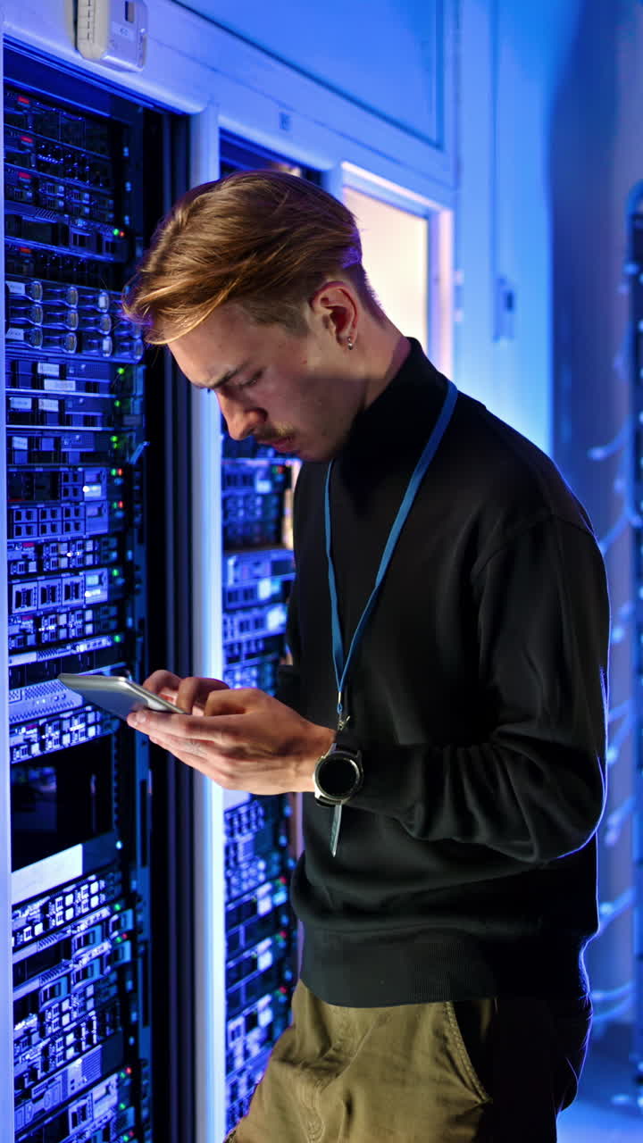 Man analysing data in a server room. Vertical