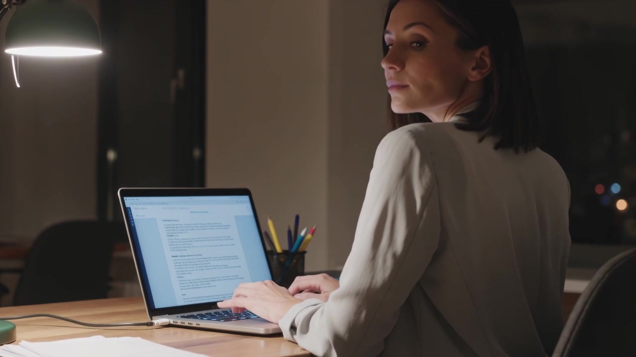 Donna in blazer chiaro che digita e modifica un documento nel suo home office di notte, con la lampada accesa, davanti al laptop.