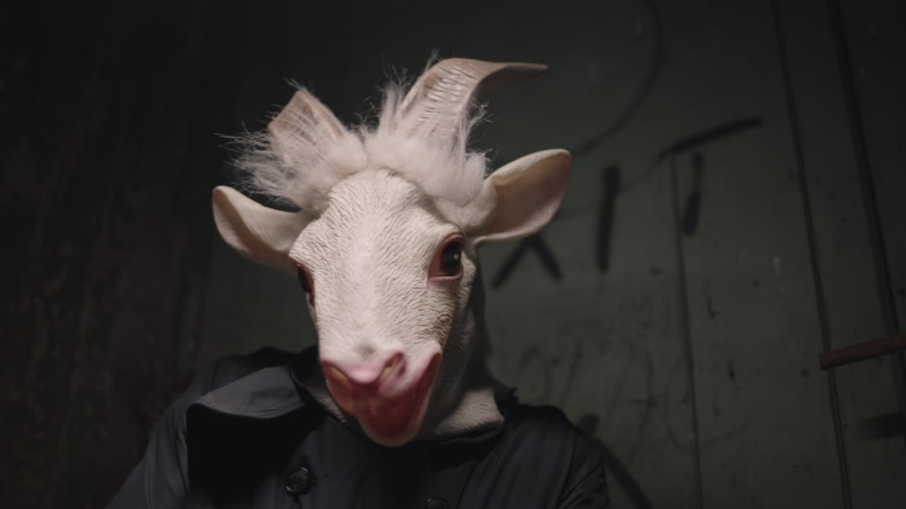 Person Wearing a Goat Mask in a Dark Alley