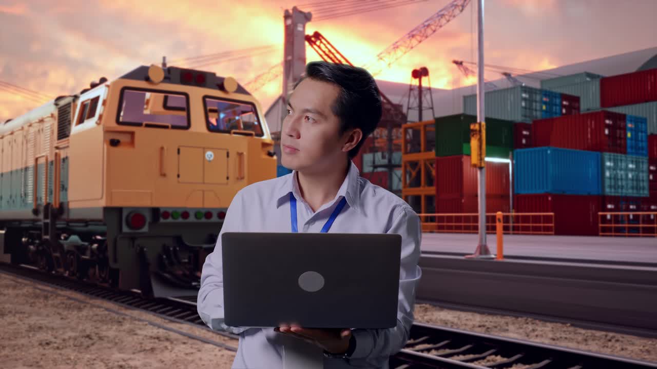Asian Male Professional Worker Standing With His Laptop With Freight Cargo Train At Port, He Observes By Looking Around Before Concentrating With His Laptop