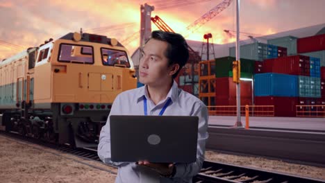asian male professional worker standing with his laptop with freight cargo train at port, he observes by looking around before concentrating with his laptop
