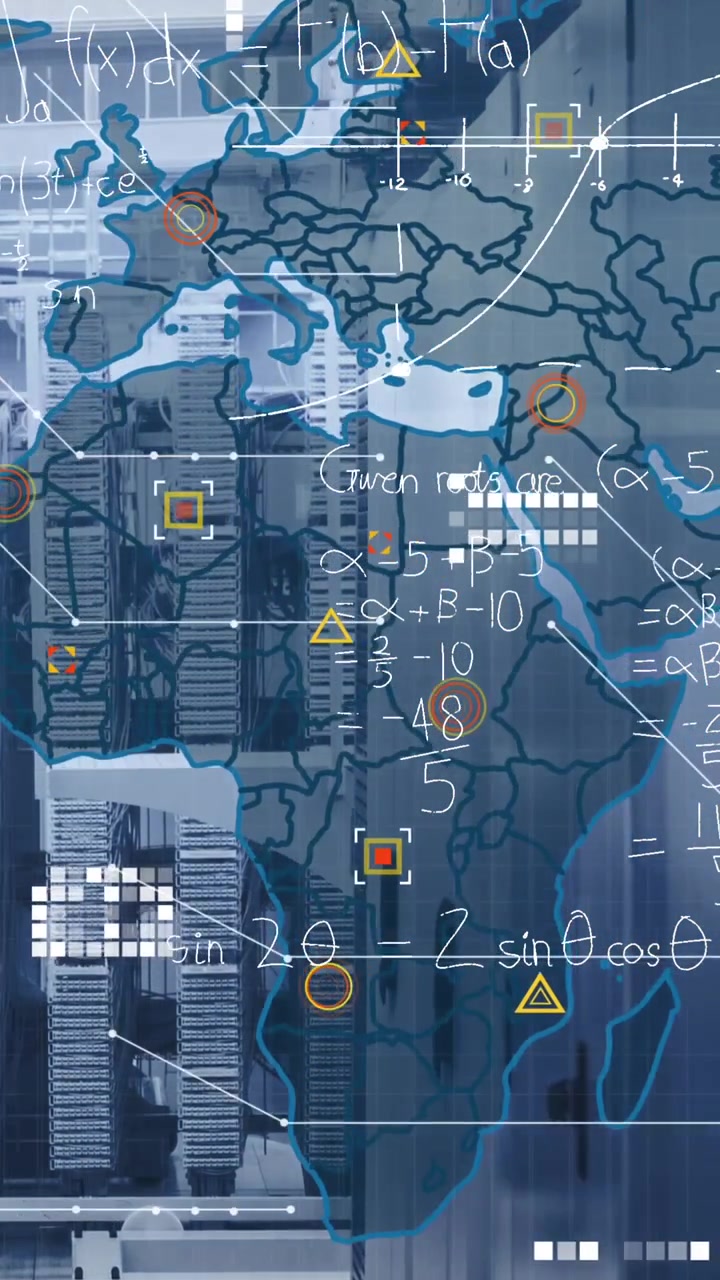 Animation of data processing and world map over server room