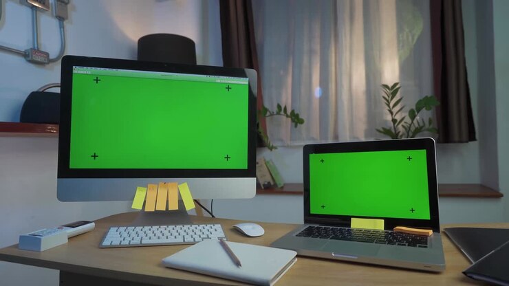 Laptop Computer and Desktop Computer Showing Green Key Screen Stands on a Desk in the Living Room Smooth Zoom out. In the Background Cozy Living Room in the Evening with Warm Lights on.