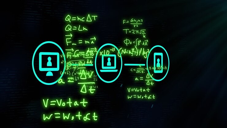 Animation of network of icons, scientific and mathematical data processing