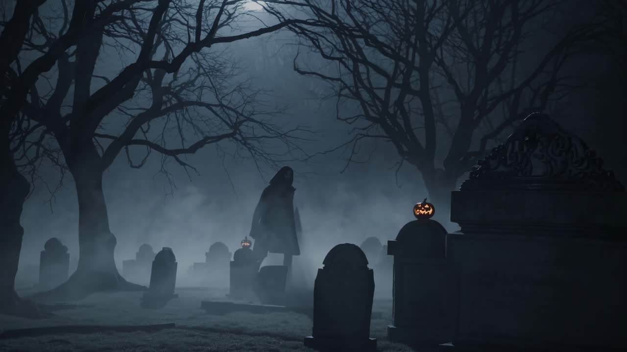 Spooky Halloween Graveyard with Grim Reaper