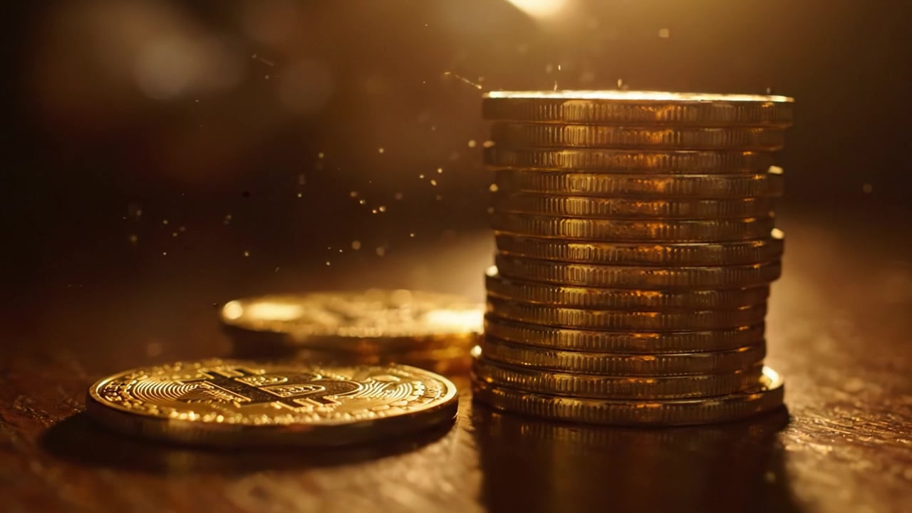 Shimmering Stacks of Coins: A Glimpse into Wealth and Prosperity Illuminated by Golden Light