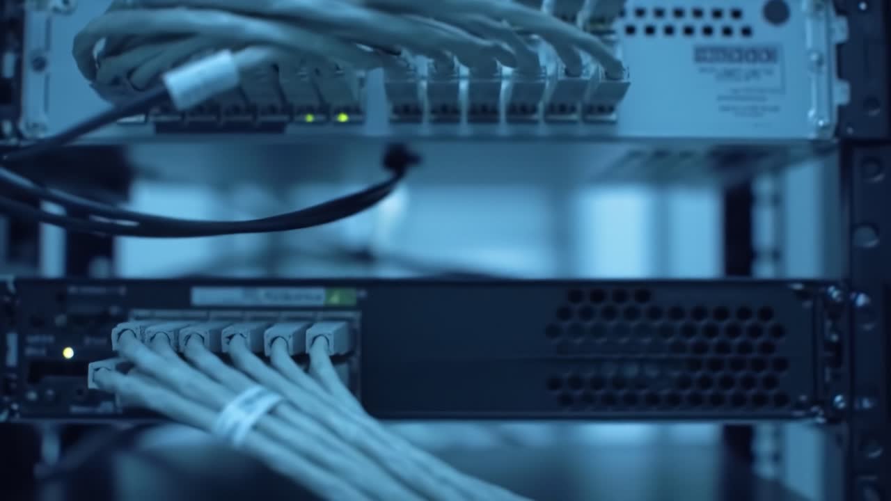 Inside a data center, thick cables connect powerful servers, facilitating rapid data exchange. This setting showcases the complexity of modern technology infrastructure at work.