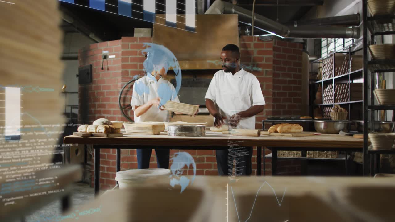 Un homme et une femme façonnent de la pâte à une table de travail de boulangerie tandis qu'un globe apparaît et que des barres de données s'animent.