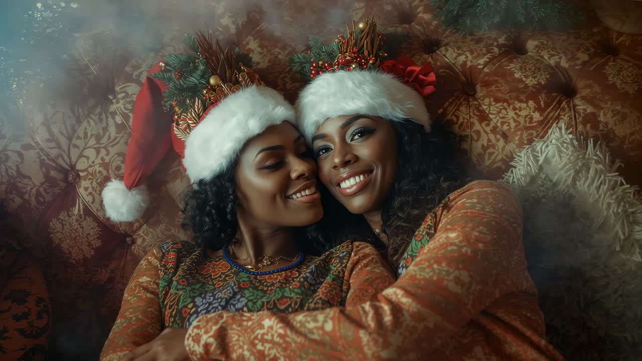 Nuzzling couple leaning in, kissing on sofa in living room celebrating holiday with wreath crowns