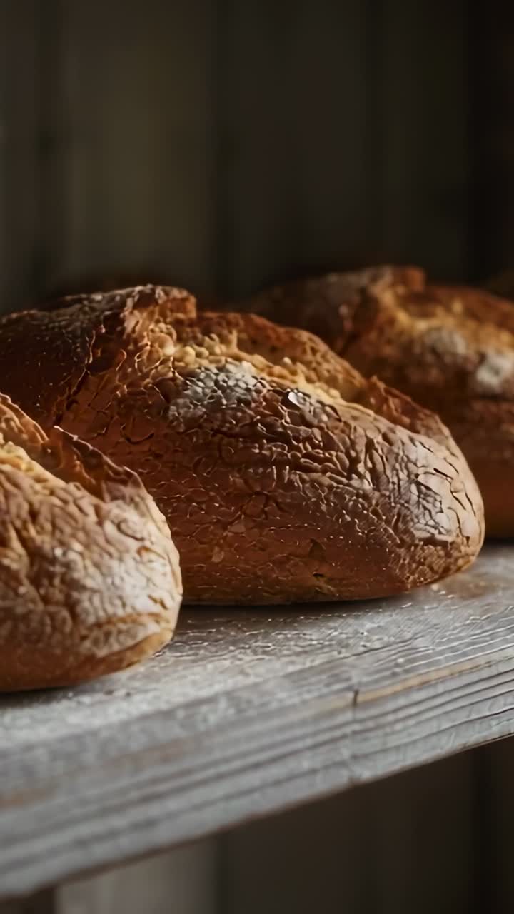 Vertical video: Camera starting panning over three loaves on rustic bakery shelf, revealing crust