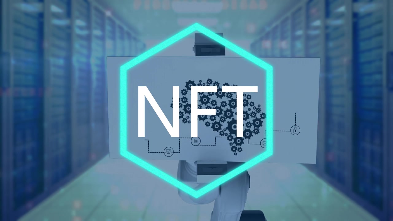 Animazione di NFT e robot con schema sopra i server.