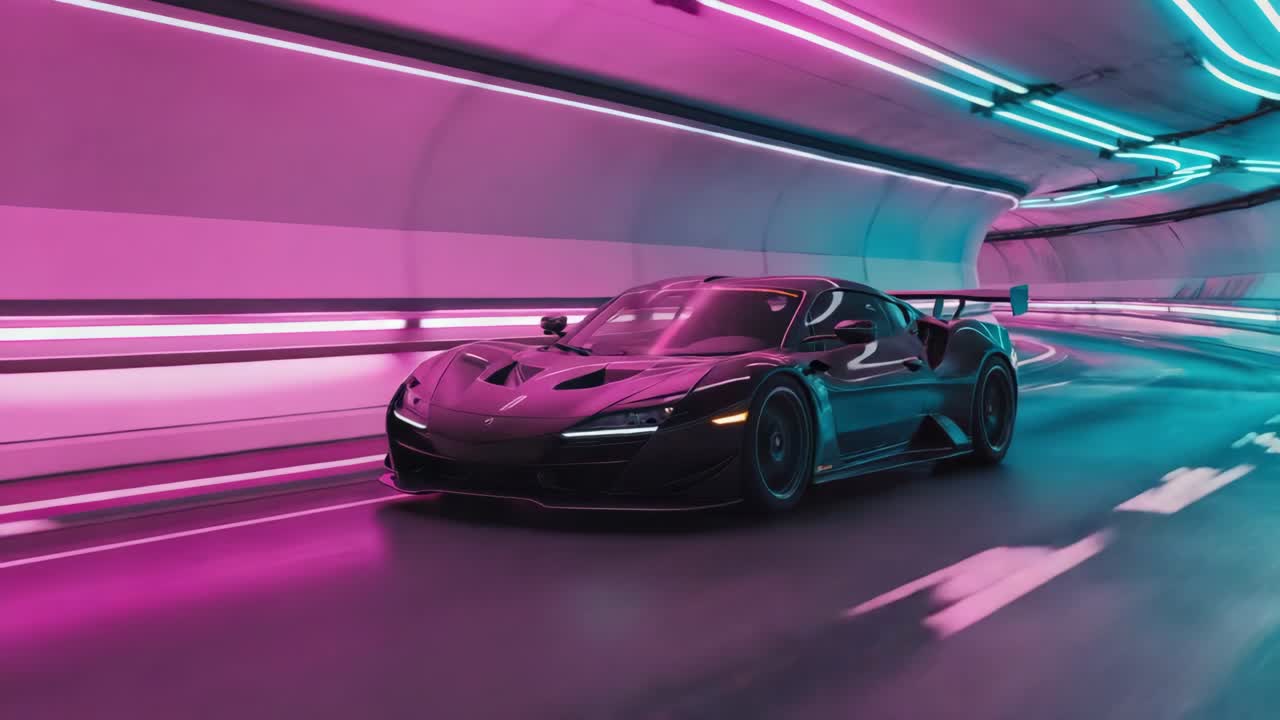 Sleek Sports Car in a Neon-Lit Tunnel