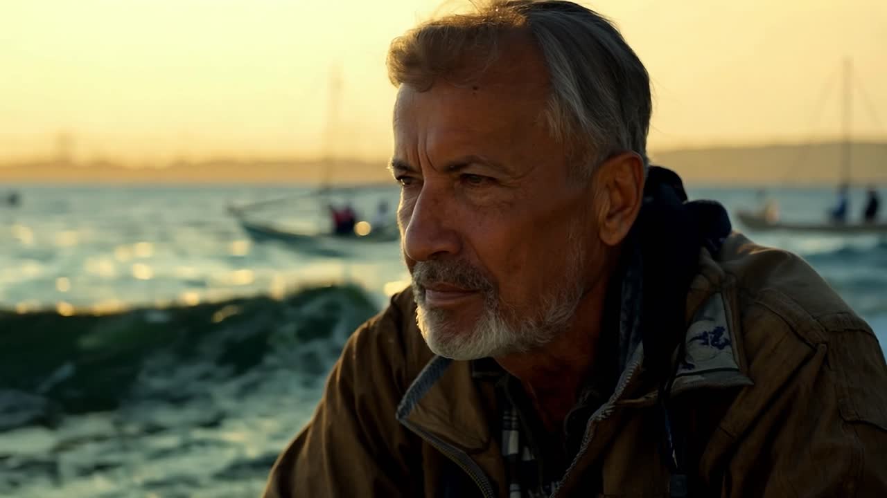 Weathered fisherman with a gray beard gazes at the sunrise over the water, reflecting on life while a small boat floats in the background, creating a serene coastal scene