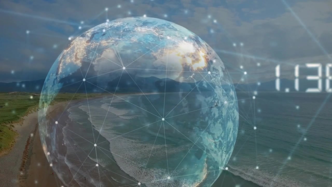 Imagem aérea de praia transicionando para um globo transparente giratório com nós pulsantes traçando conexões de rede