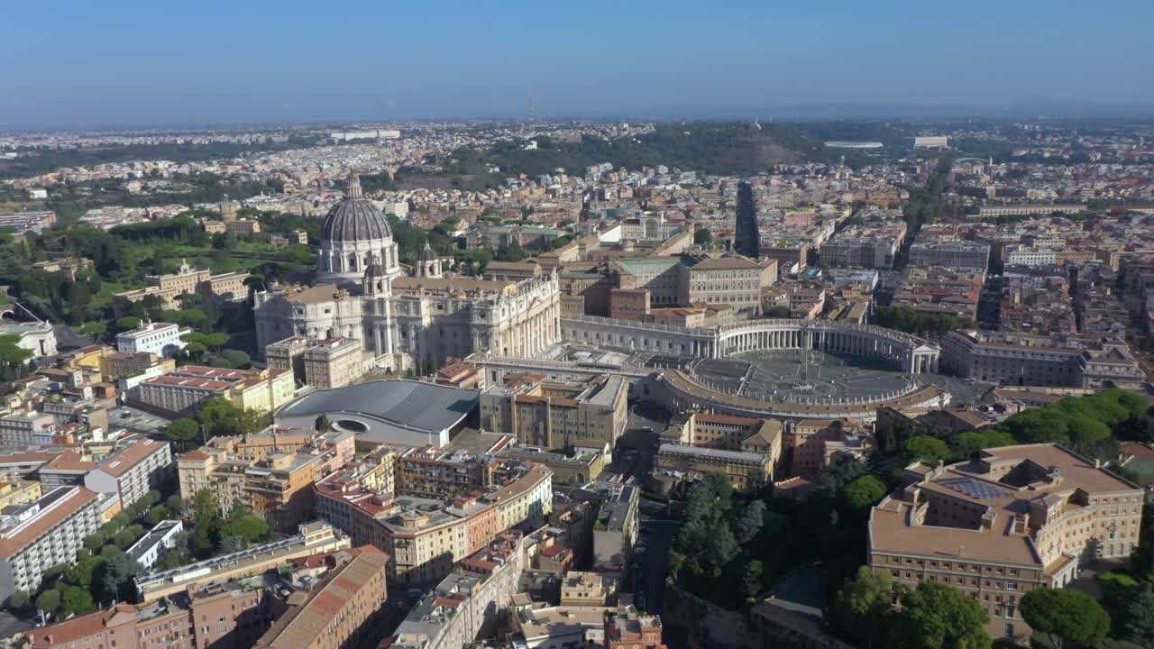 Stunning aerial birds eye footage of Vatican City highlights St. Peter’s Basilica, its dome, and Piazza San Pietro square in Rome