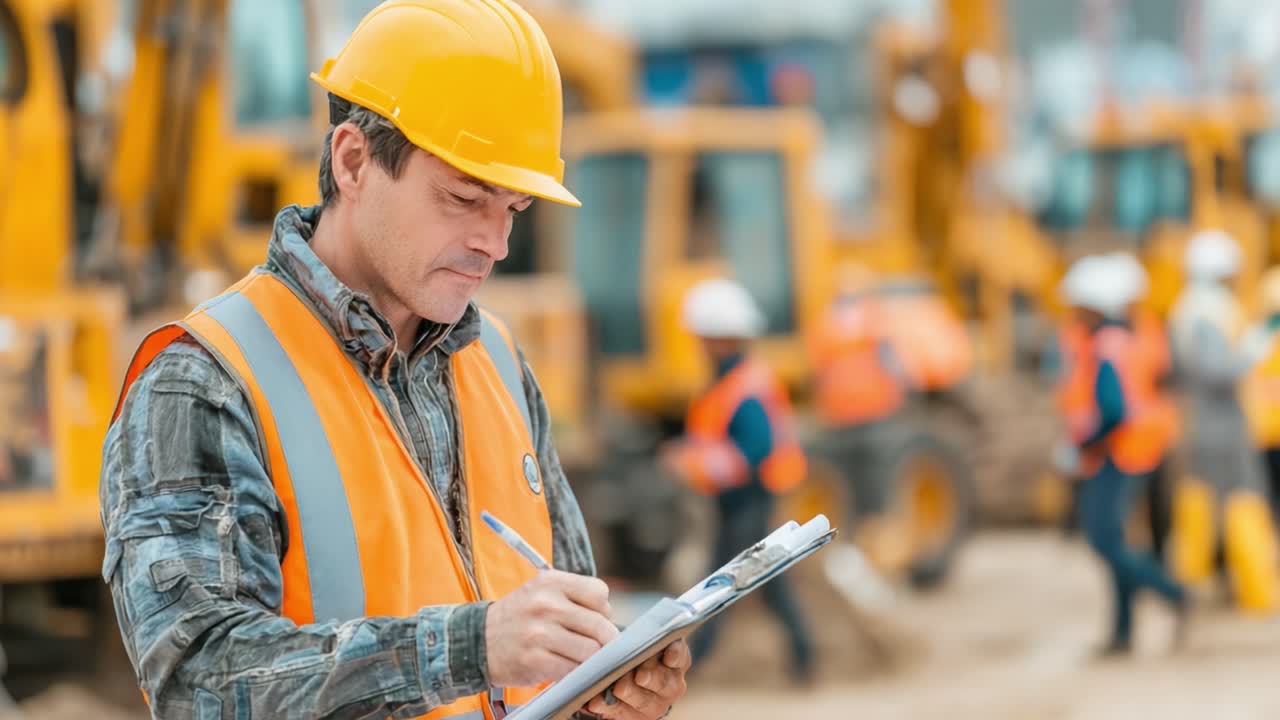Construction Site Supervisor Conducting Inspections While Overseeing Equipment Operations and Worker Safety in a Dynamic Work Environment