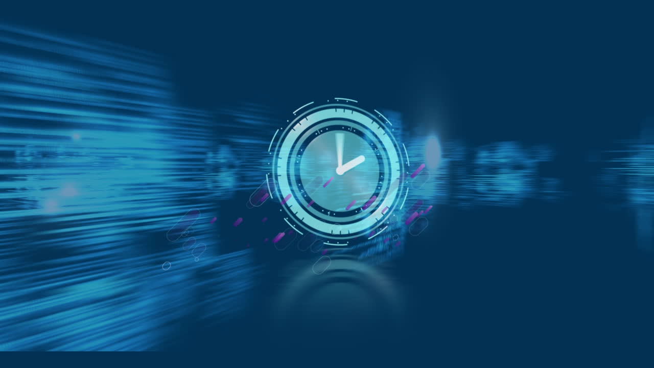 Animation of moving clock and purple lines over data processing