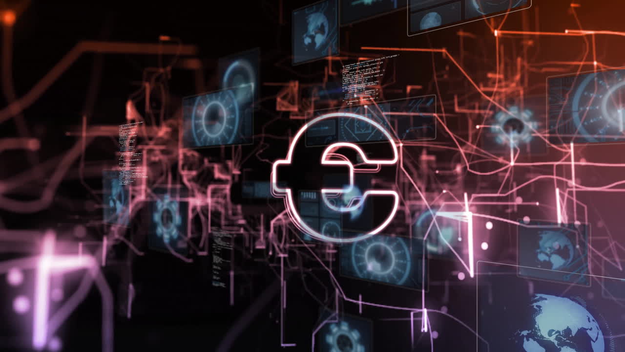 Euro symbol with digital network and data processing animation in background