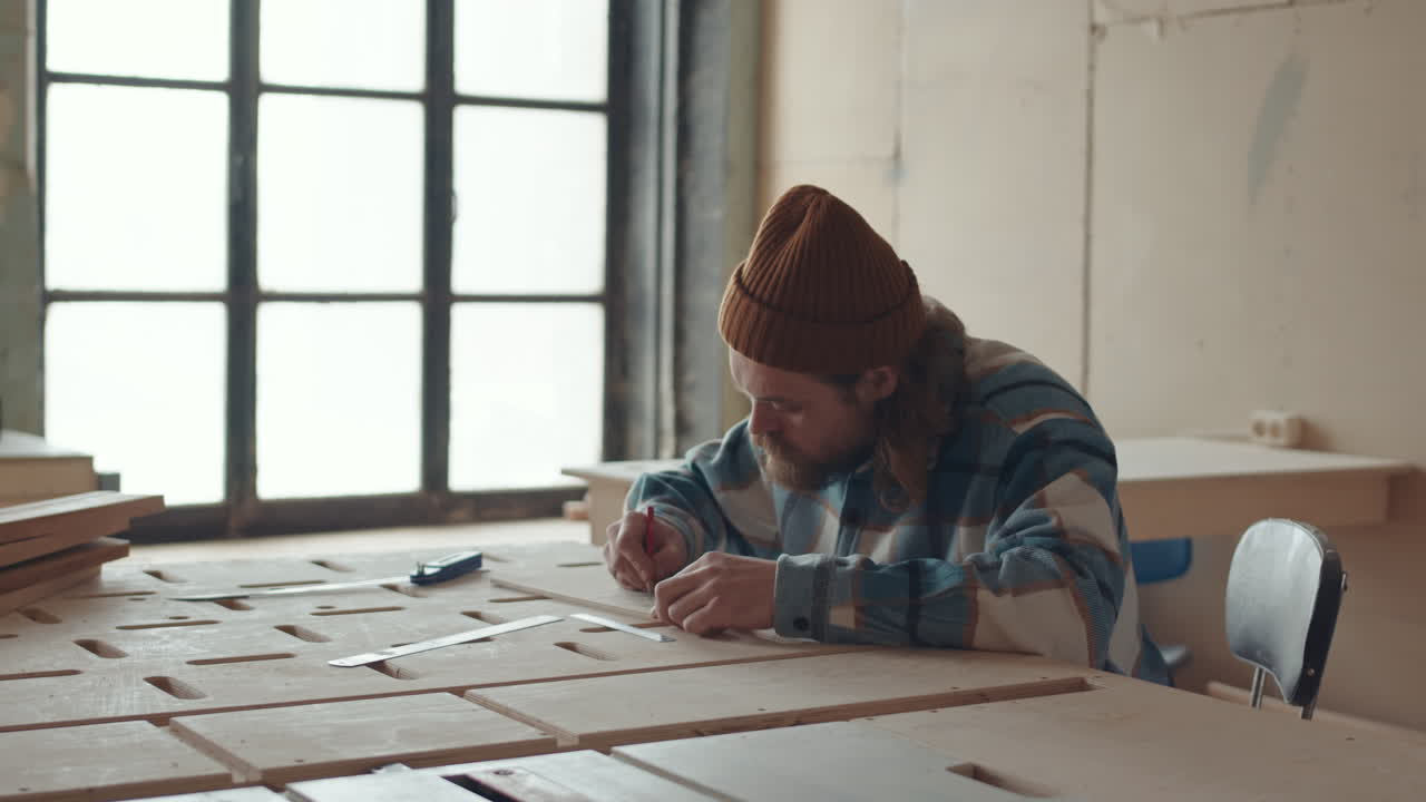 Caucasian Man Drawing on Wooden Board in Carpentry Workshop