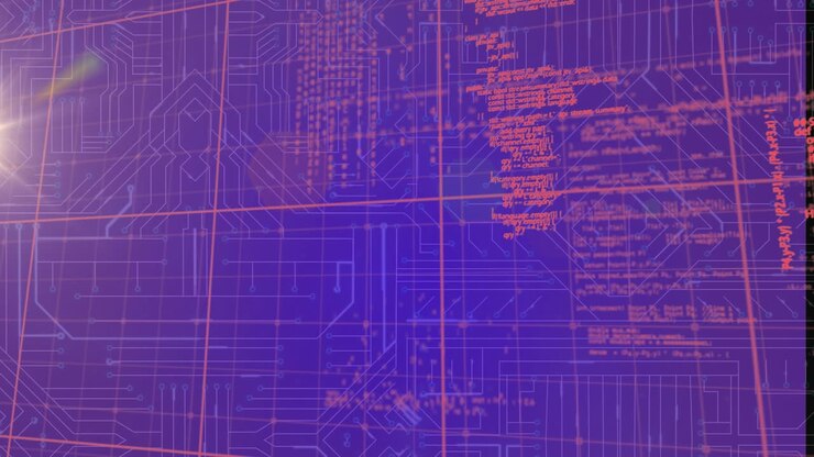 Animation of computer language with grid patterns moving over graphical electronic circuit board