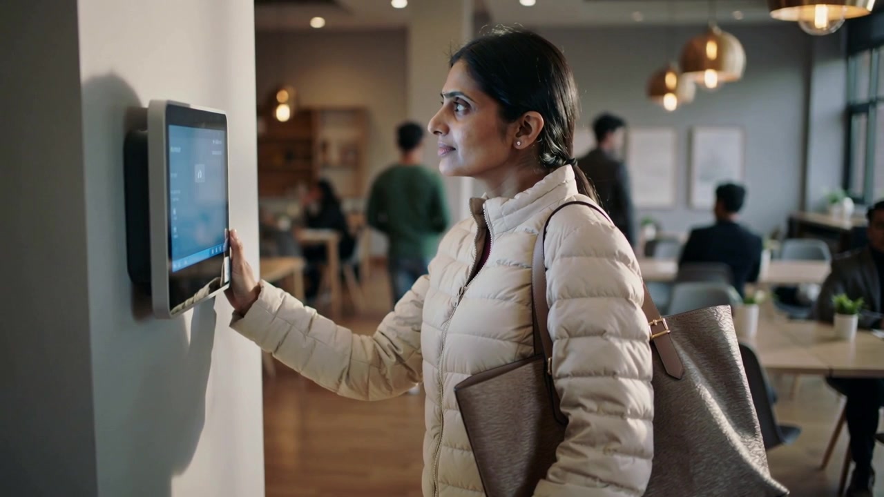 Donna indiana si avvicina, usa un touchscreen a parete nella hall, indossa un piumino, porta una tote bag e sta effettuando il check-in.