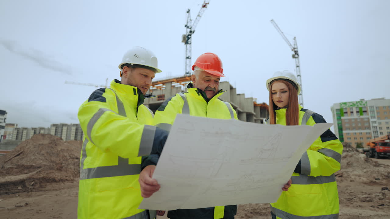 equipo de ingeniería de constructores están viendo el plan del sitio de construcción en el área de construcción capataz inspector y arquitecto