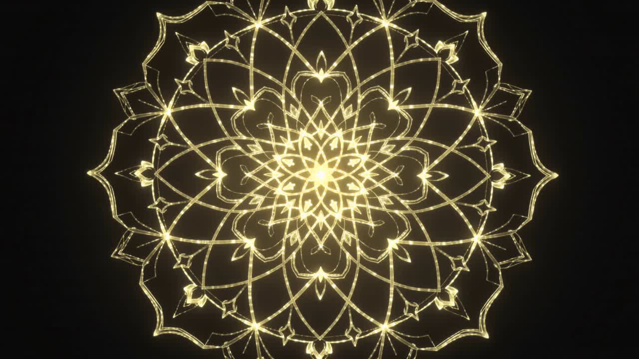 Riproduzione in corso, mandala dorato che si illumina, ruota e brilla con nucleo stellare su sfondo nero per la calma