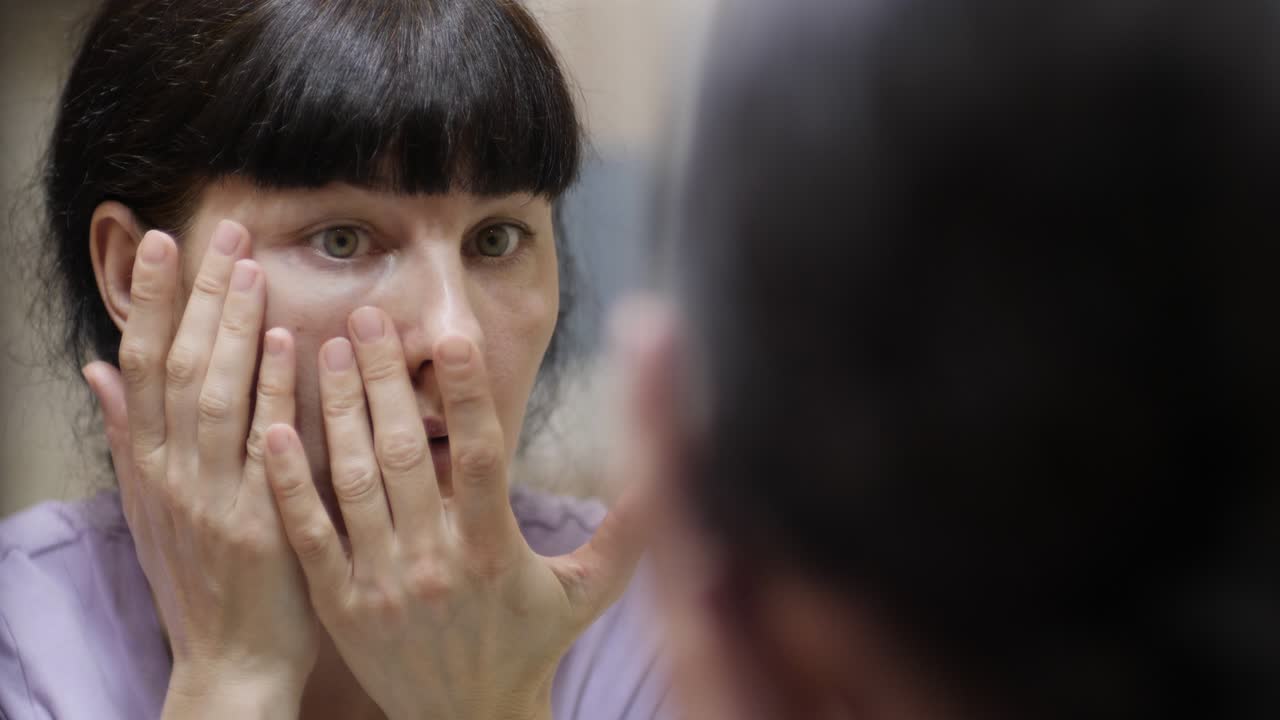 얼굴의 주름에 대해 혼란스러운 여성, 이마의 피부 노화, 거울을 보는 것, 얼굴 피부에 눈에 주름, 눈 주머니에 문제가있는 여성, 어두운 원, 주름, 스트레스, 우울증, 피로 다이어트.