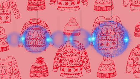 animation of christmas baubles over christmas jumper pattern on pink background