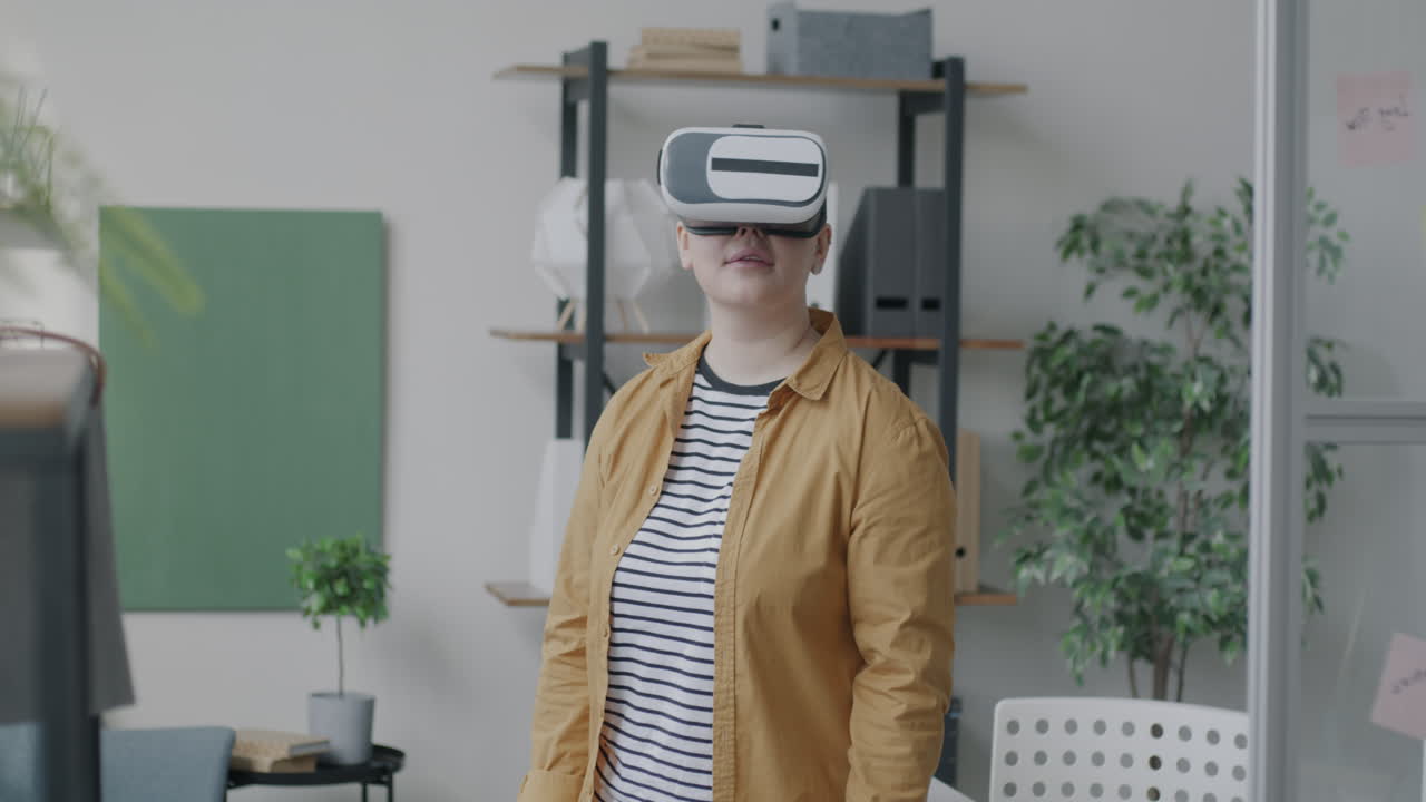 Woman Experiencing Virtual Reality in a Modern Office