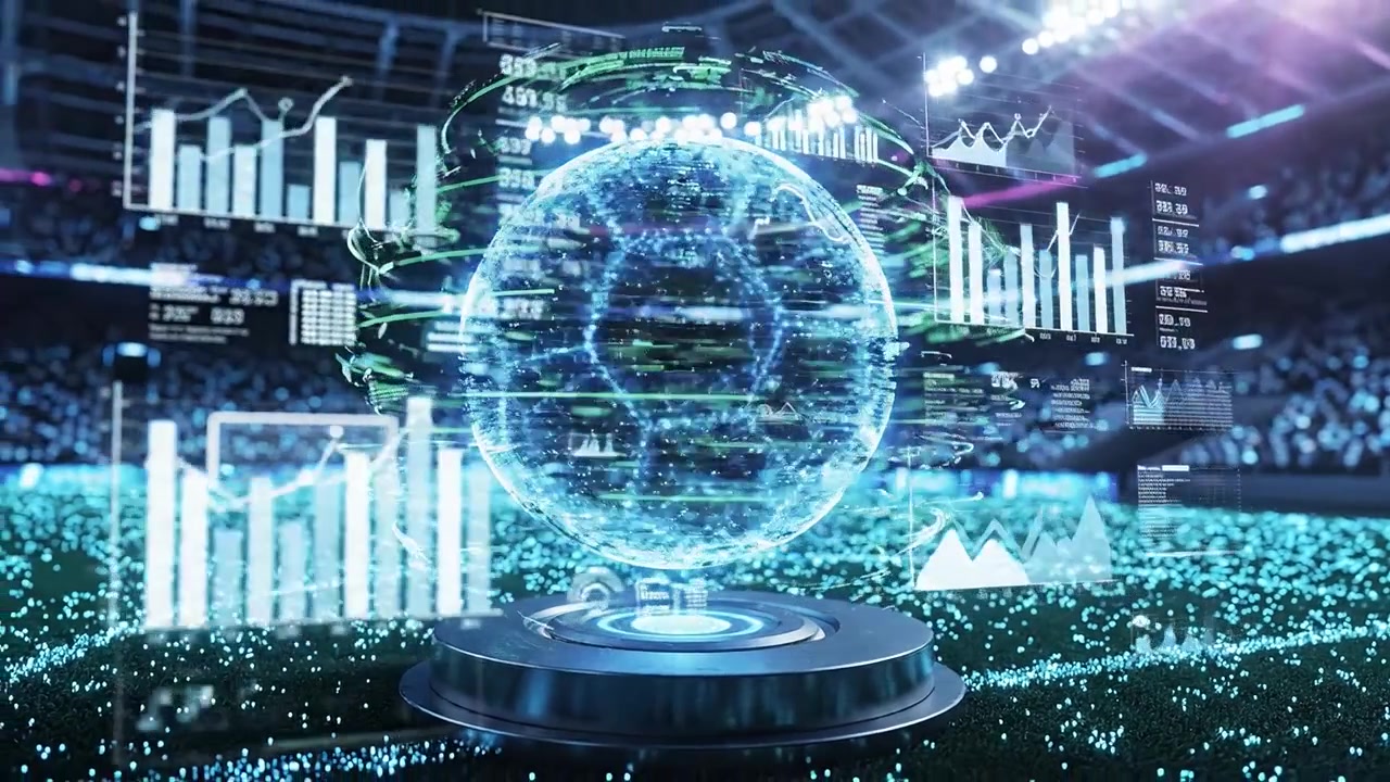 Futuristic Soccer Sphere with Digital Visual Effects in a Stadium Environment Showcasing Advanced Technology in Sports and Interactive Viewing Experiences