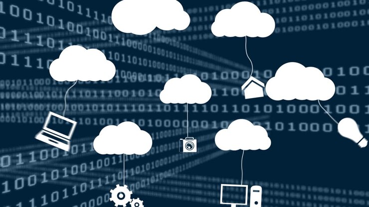 Animation of cloud icons and data processing over dark background